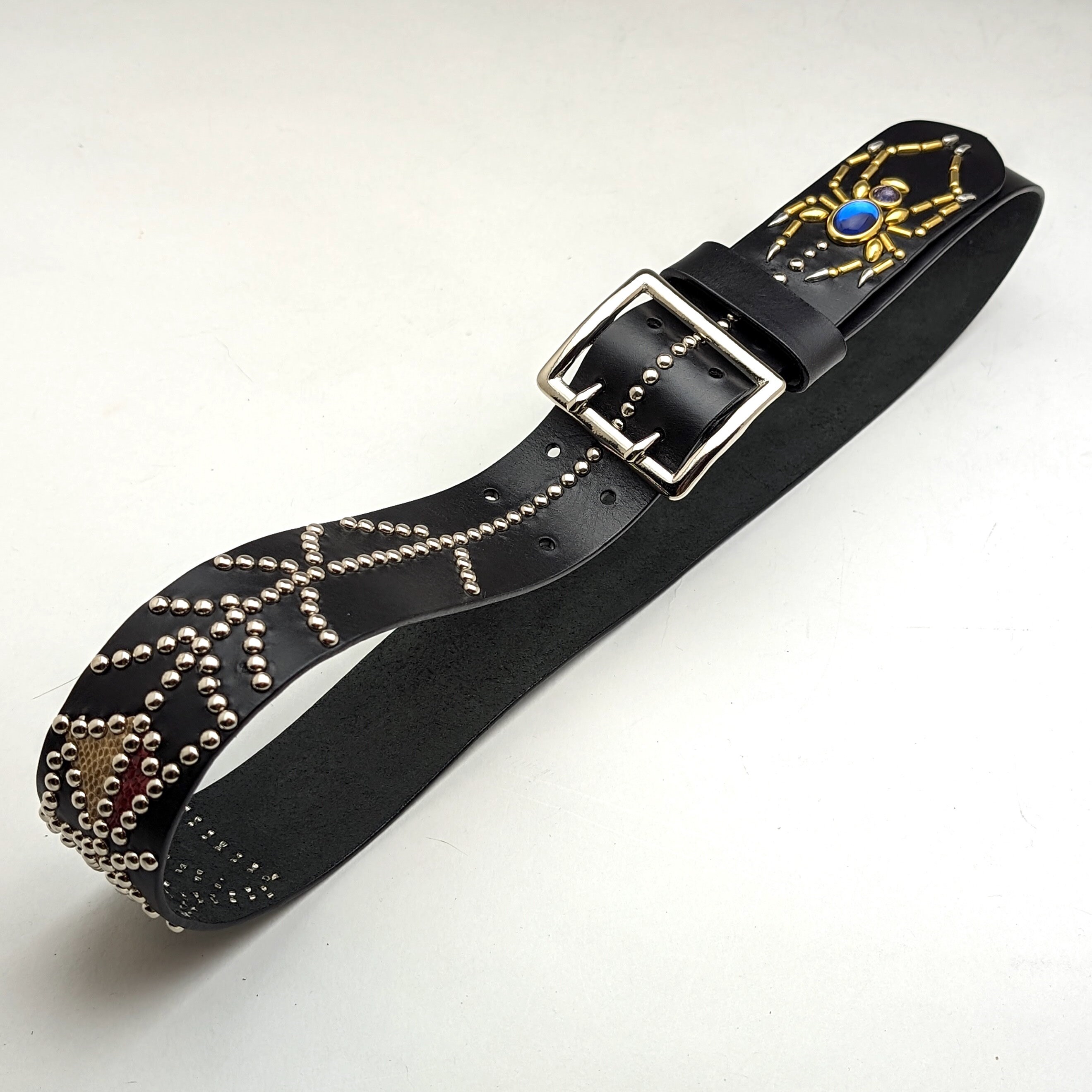 Handmade Black Genuine Leather Studded Belt With Spider and
