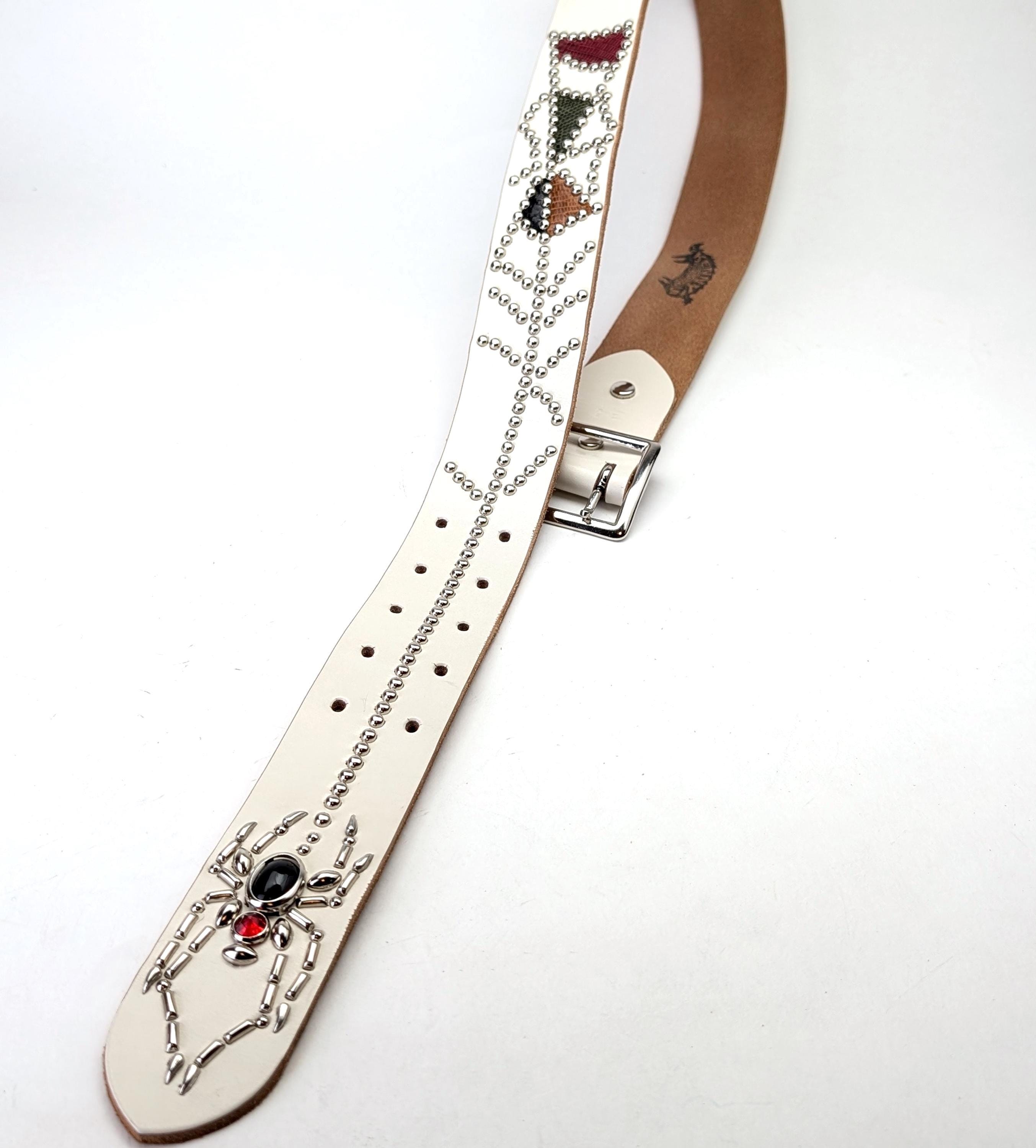 Handmade White Leather Studded Belt Spider & Web Design Gothic