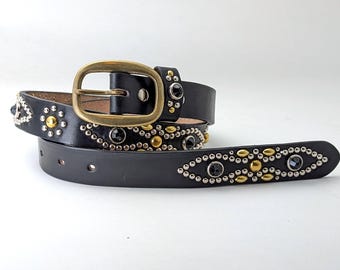 Handmade Black Leather Studded Belt 1.15in Vintage Western Handmade Black Leather Studded Belt 1.15in Vintage Western