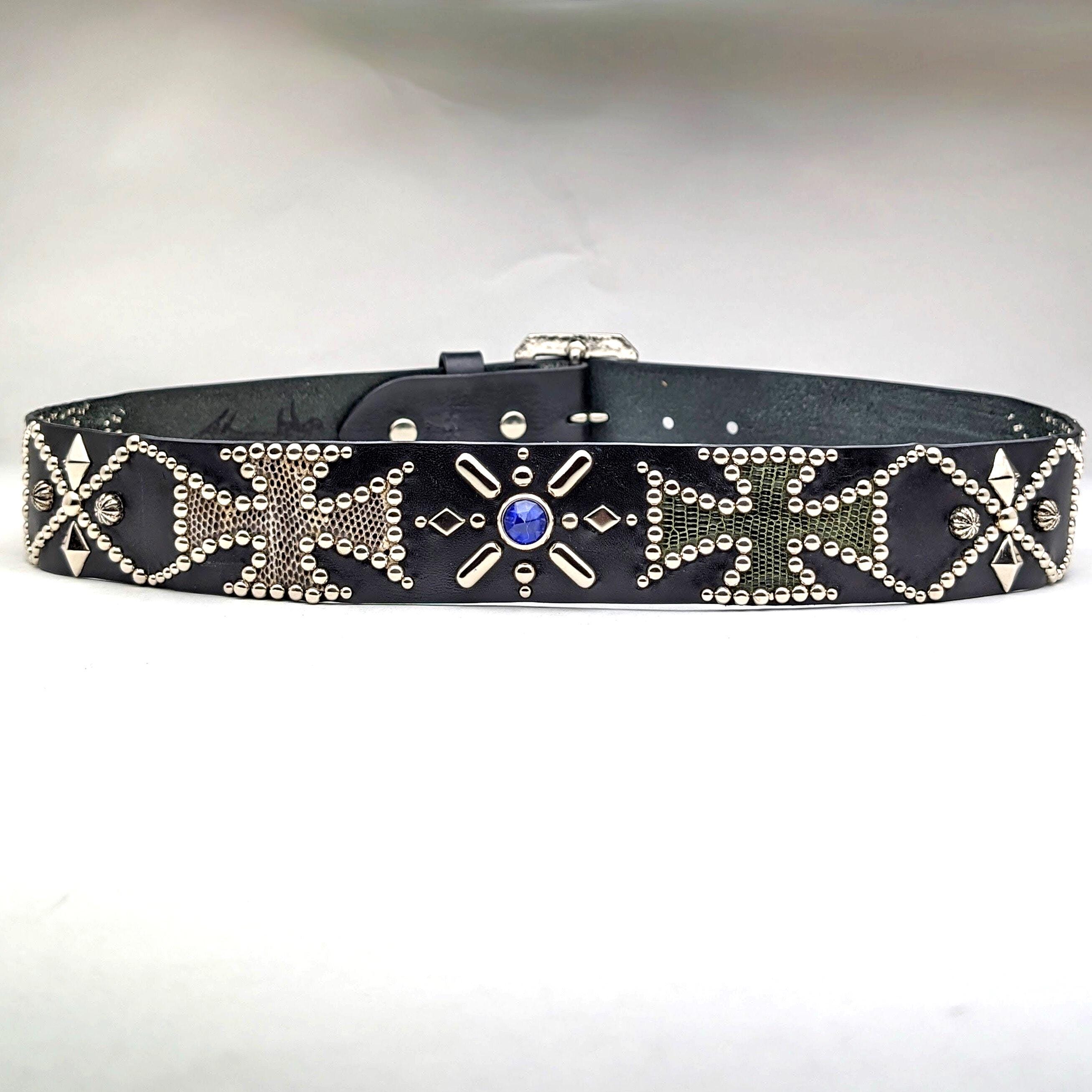 Handmade Studded Leather Belt Biker & Rock Style Iron Cross Custom