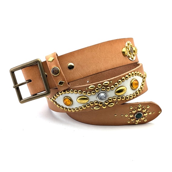 Handmade Natural Leather Studded Belt Vintage Western