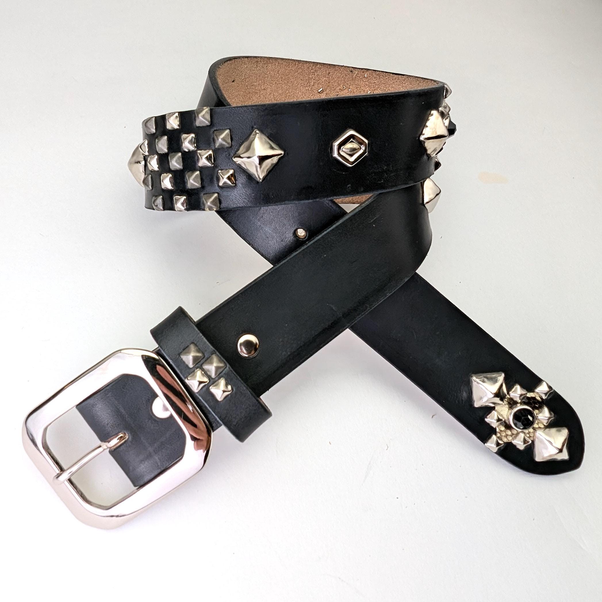 Handmade Black Leather Studded Belt Vintage Western Style Handmade Black Leather Studded Belt Vintage Western Style