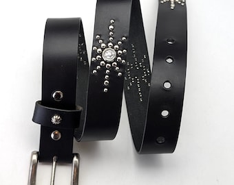 Handmade Black Leather Studded Belt 30mm Vintage Western Style Solid Brass Buckle Japan Punk Rock Western Made in Japan