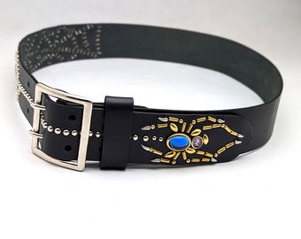 Handmade Black Genuine Leather Studded Belt With Spider and