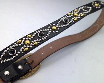 Handmade Black Leather Studded Belt 1.15in Peanuts Twist-oval