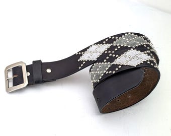 Handmade Black Studded Leather Belt Argyle Western Style Custom Size Suede Inlay Japan (All Duties Included)