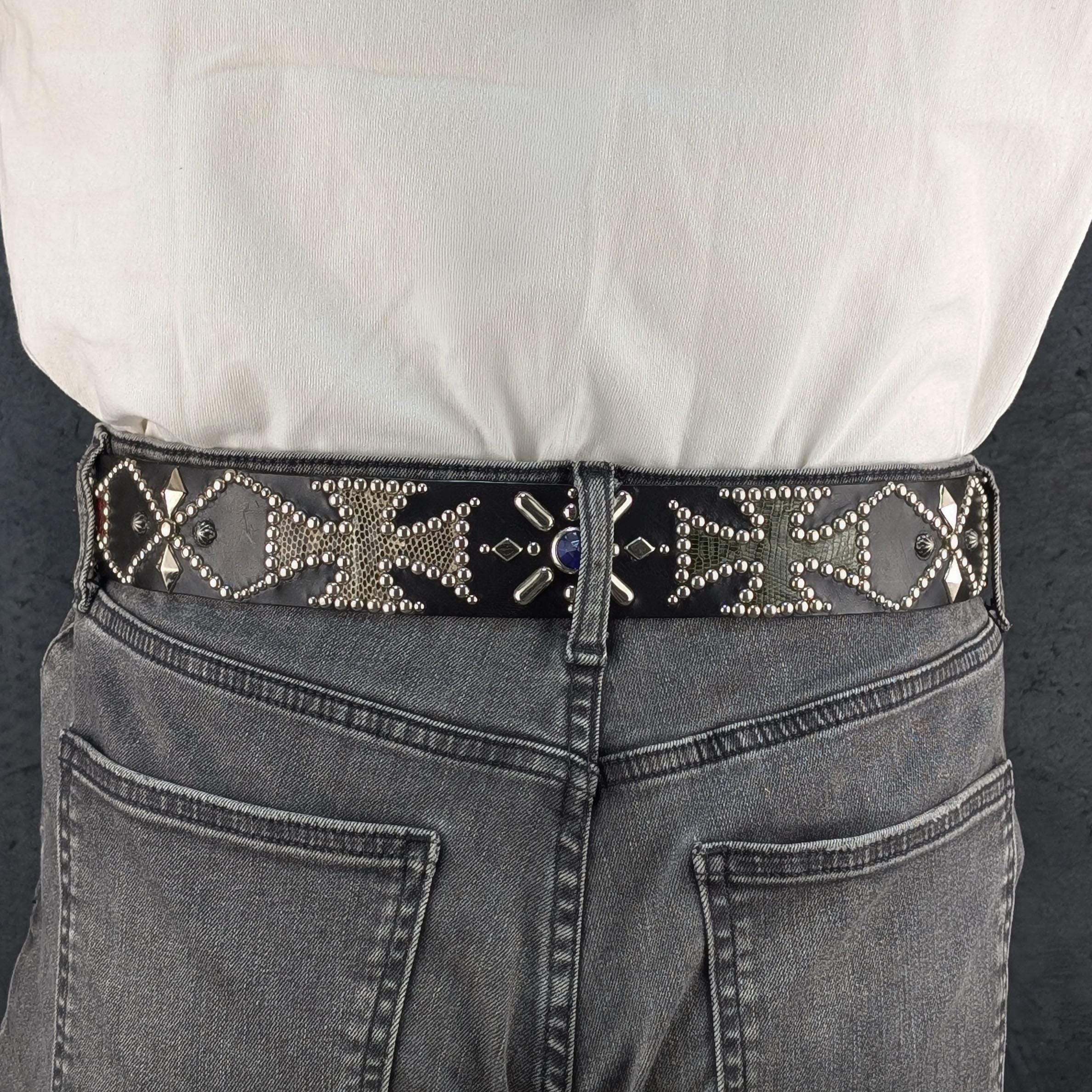 Handmade Studded Leather Belt Biker & Rock Style Iron Cross Custom