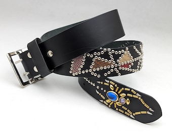 Handmade Black Genuine Leather Studded Belt With Spider and