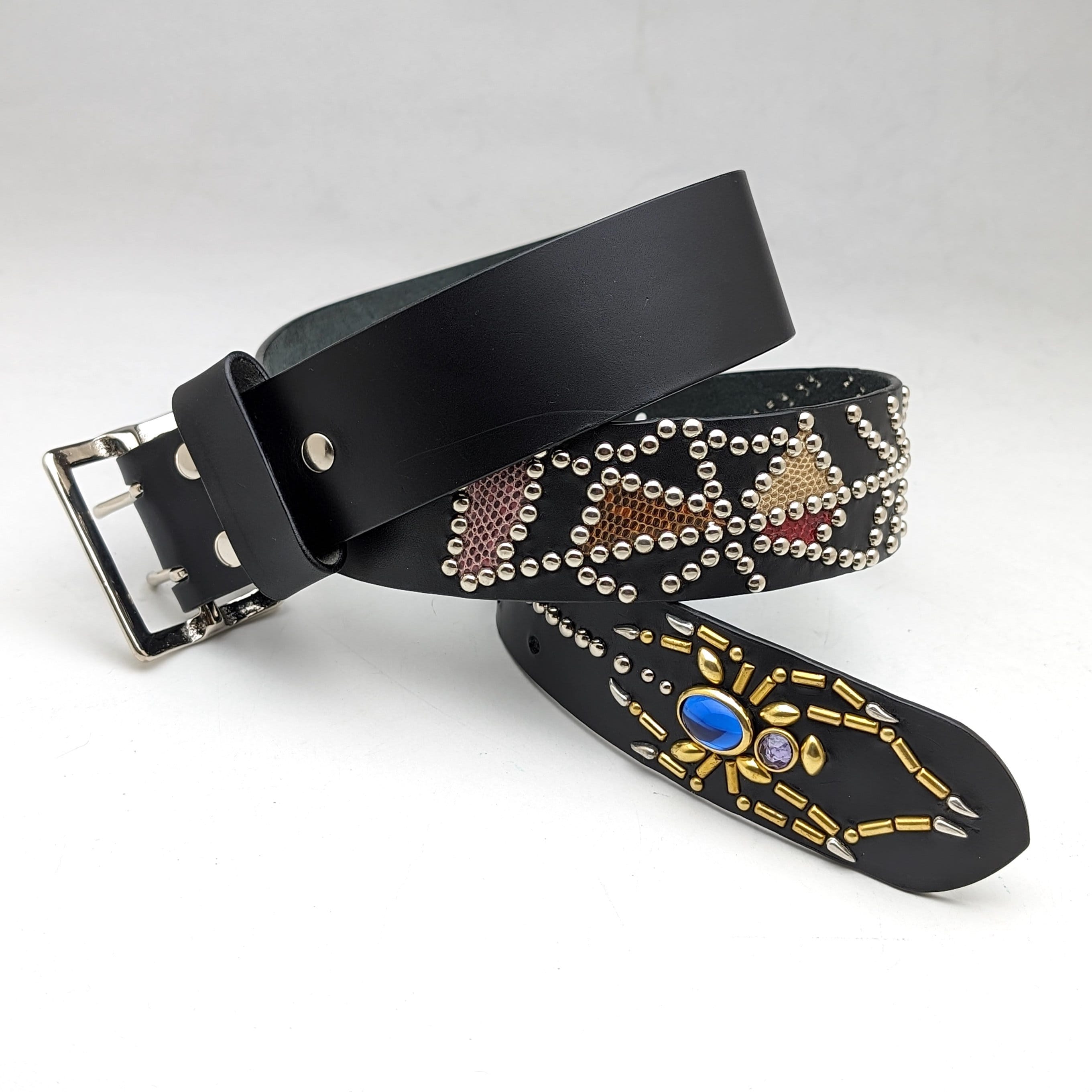 Handmade Black Genuine Leather Studded Belt With Spider and Handmade Black Genuine Leather Studded Belt With Spider and