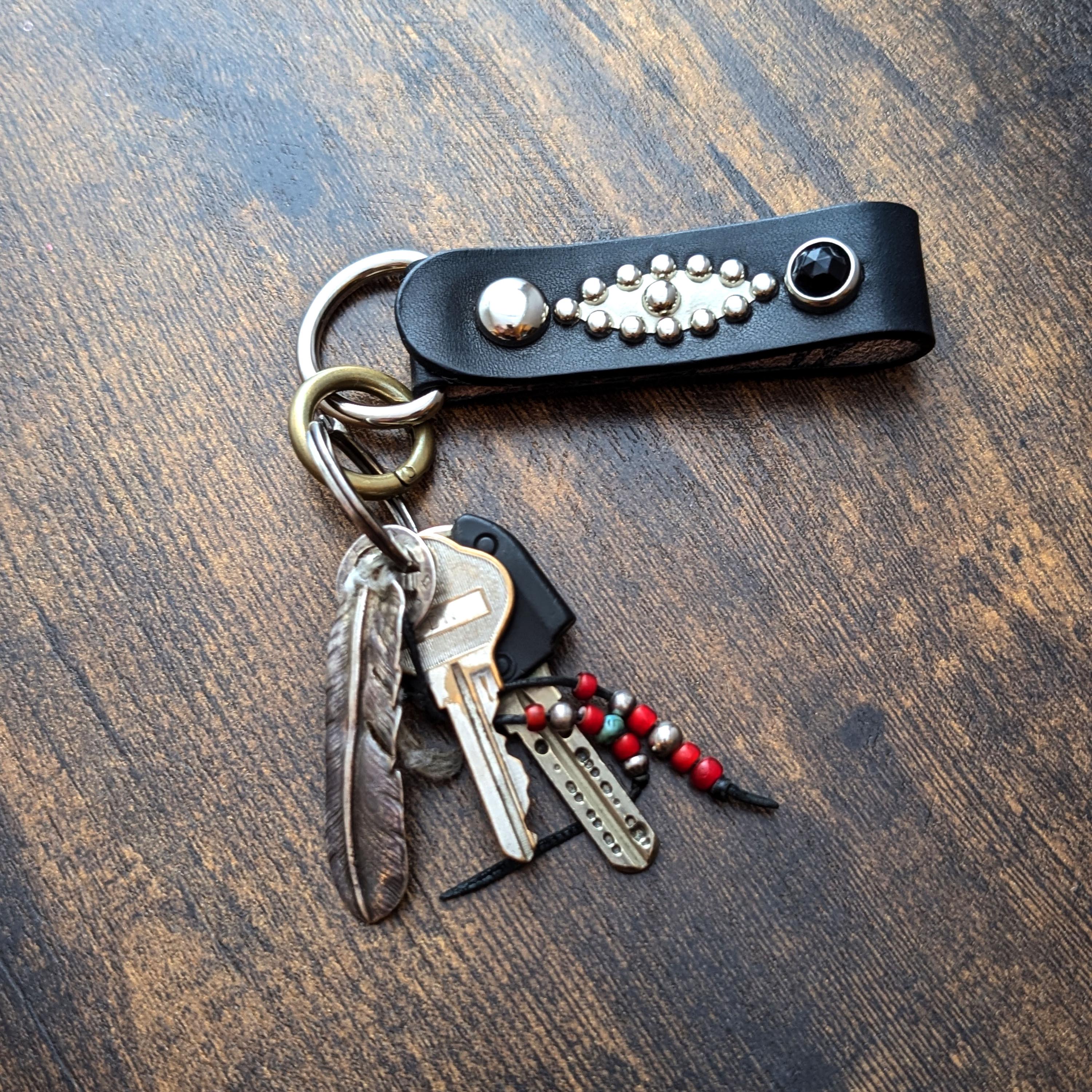 Black Studded Leather Keychain Strap, Western Biker Key Fob