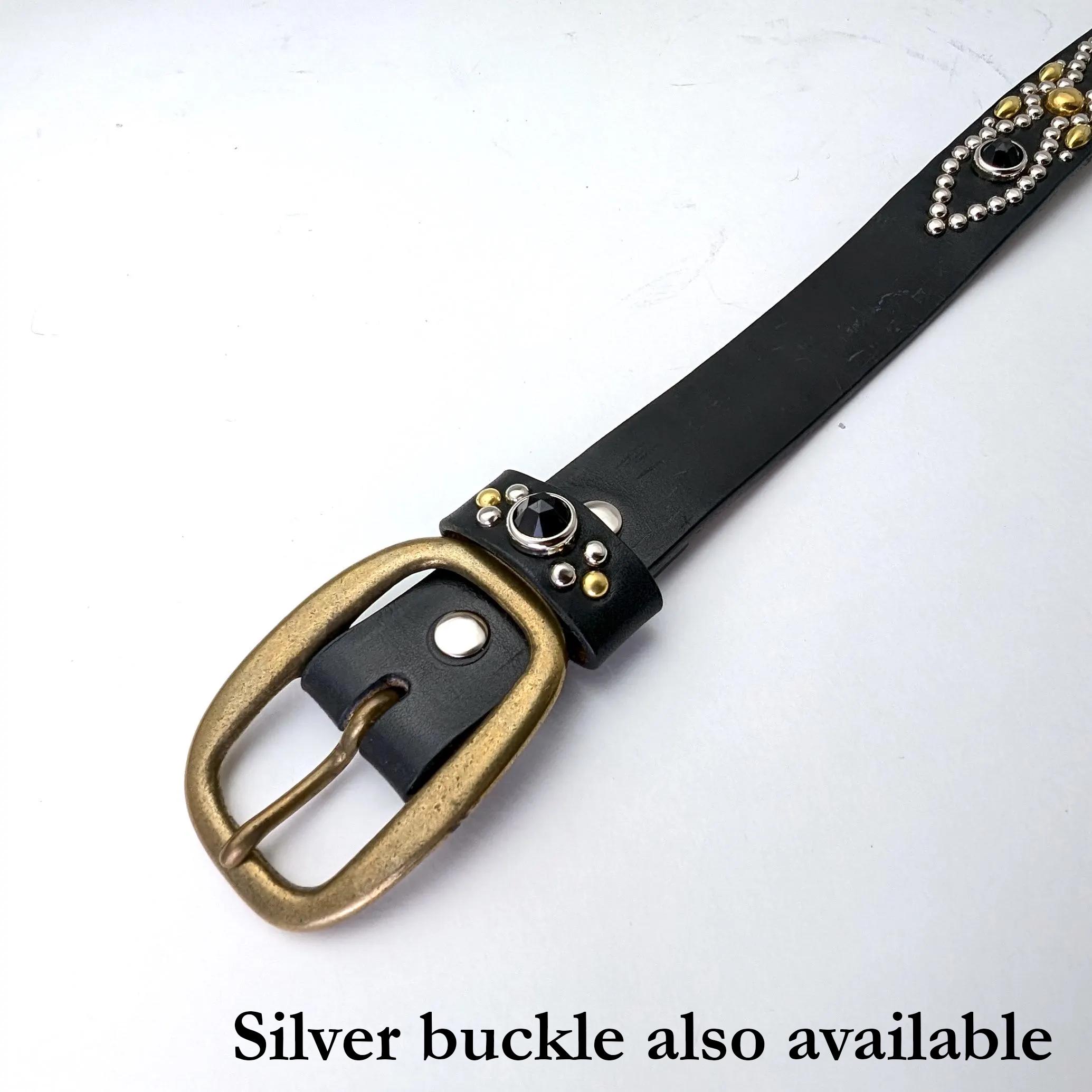 Handmade Black Leather Studded Belt 1.15in Peanuts Twist-oval Handmade Black Leather Studded Belt 1.15in Peanuts Twist-oval