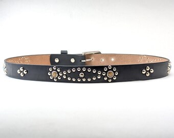 Black Leather Studded Western Boho Moto belt brass buckle 37 ins long Thick Black Leather Floral Brass Studded Stud Belt L XL Boho  main image 3