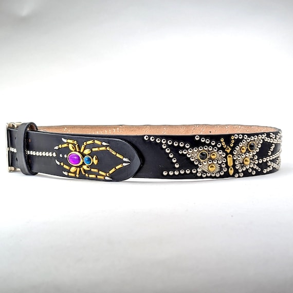 Black Studded Leather Belt for Men, Spider & Butterfly Design