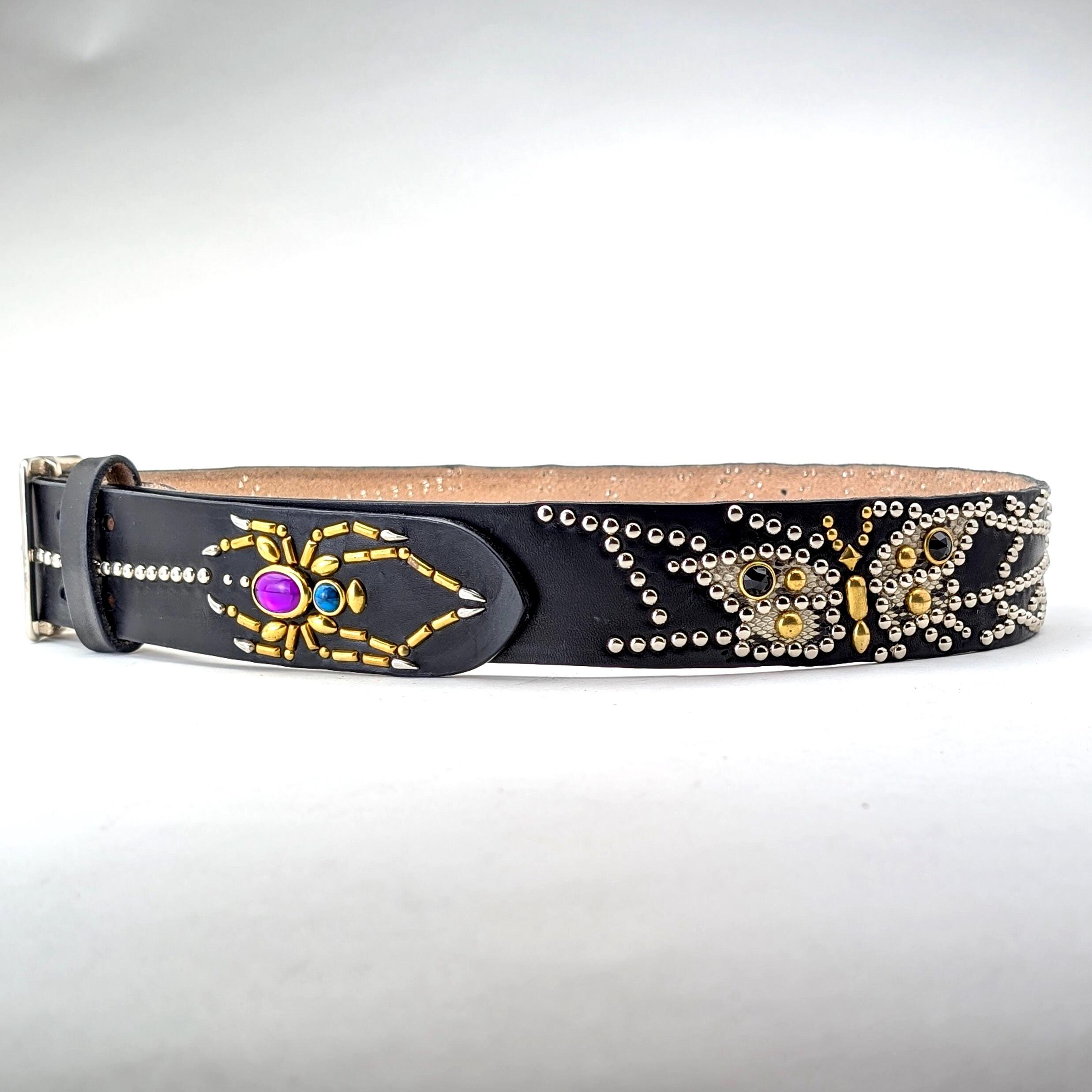 Black Studded Leather Belt for Men, Spider & Butterfly Design