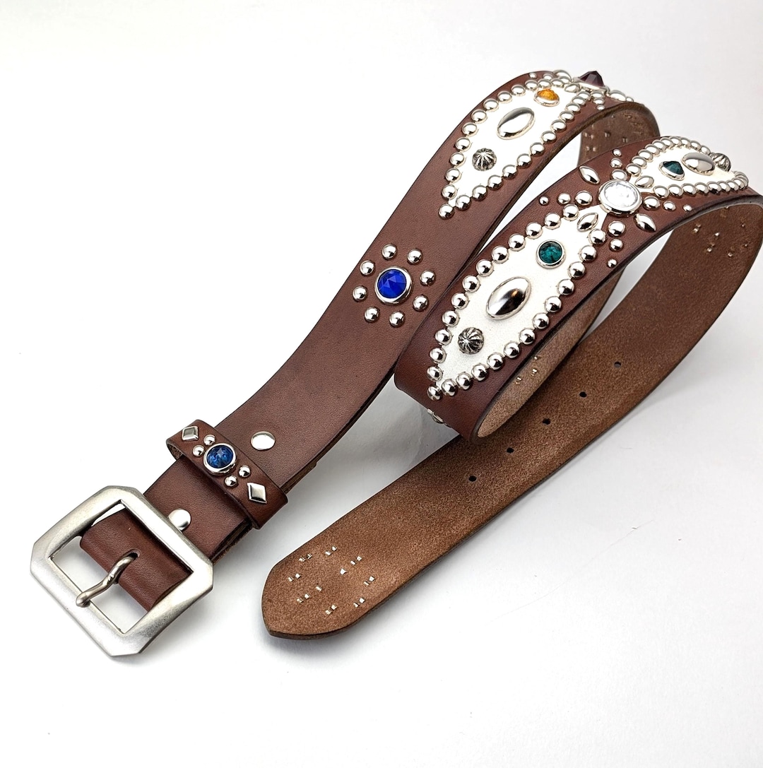 Dark Brown Studded Leather Belt, White Inlay Western Design