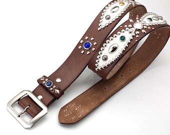 Dark Brown Studded Leather Belt, White Inlay Western Design  display picture 3