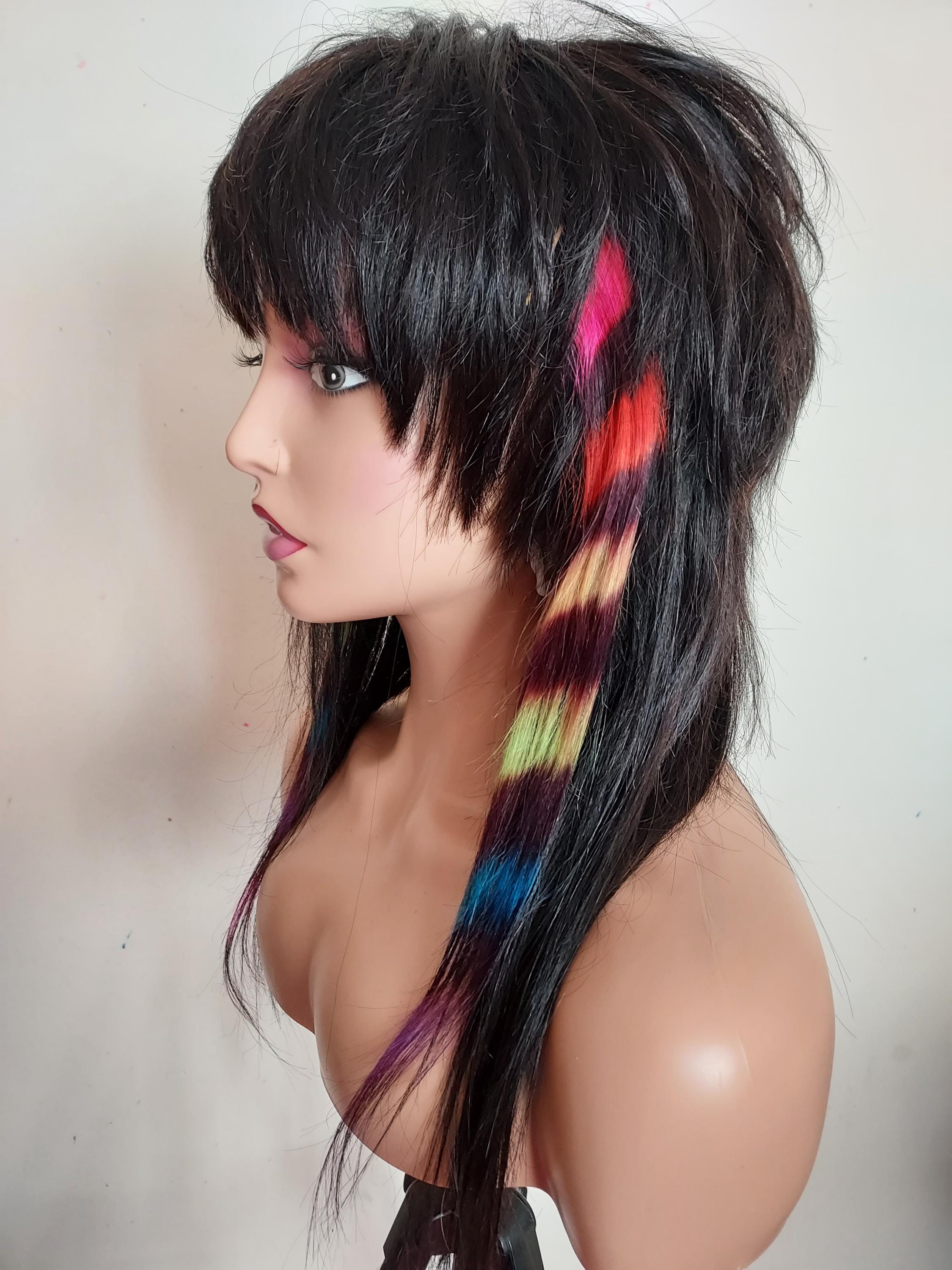 Natural black Scene Wig With Hand Made Clip in Racoon tail extensions 100%human hair rainbow scenegirl glueless wig 5x7, 20" long 150D