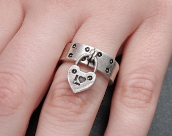 Adjustable Heart Lock Ring: Engraved Sterling Silver Plated Brass