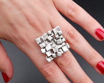 Boho Squares Ring: Sterling Silver Plated Adjustable Statement Ring