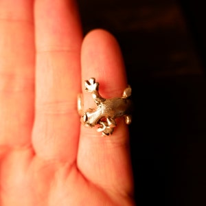 May include: A silver ring with a detailed lizard design. The lizard is facing forward with its mouth open and its legs outstretched.