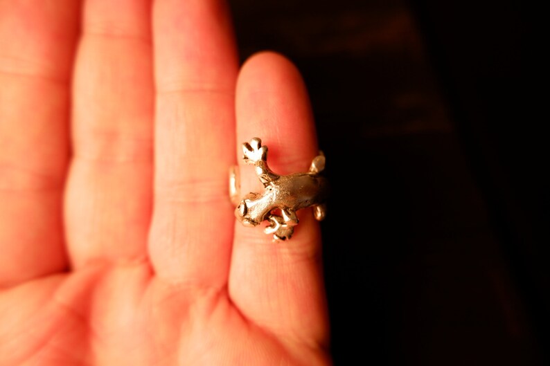 May include: A silver ring with a detailed lizard design. The lizard is facing forward with its mouth open and its legs outstretched.