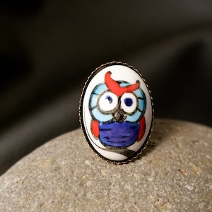 Hand-Painted Owl Ring: Sterling Brass Adjustable Dome Ring