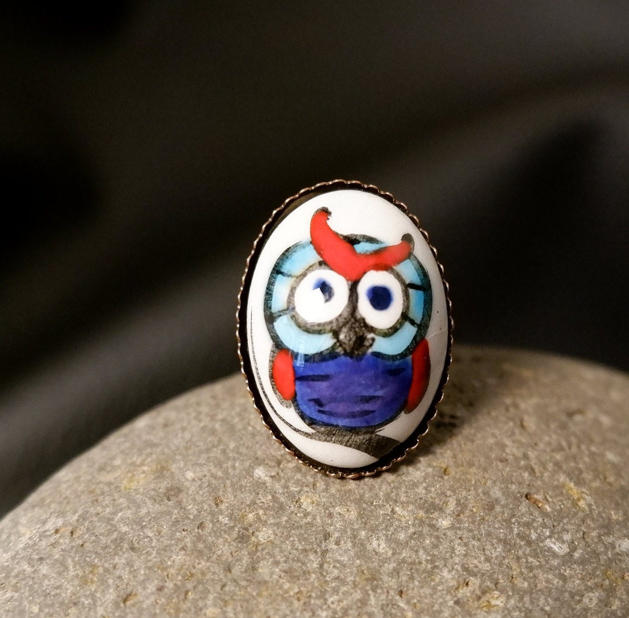 HAND PAINTED OWL Ring - Rings For Woman • Unique Handmade Ring • Chunky Ring • Animal