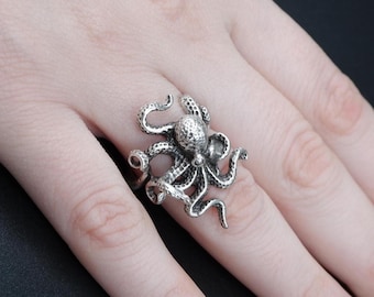 May include: Silver octopus ring with detailed tentacles. The ring is worn on a finger.