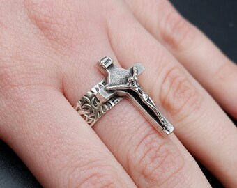 Sterling Silver Plated Jesus Cross Ring - Adjustable Christian Ring