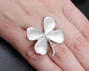Adjustable Four Leaf Clover Ring: Sterling Silver Plated Lucky Jewelry