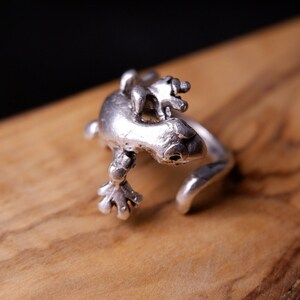 May include: A silver ring with a detailed gecko design. The gecko is curled up with its tail forming the ring band.