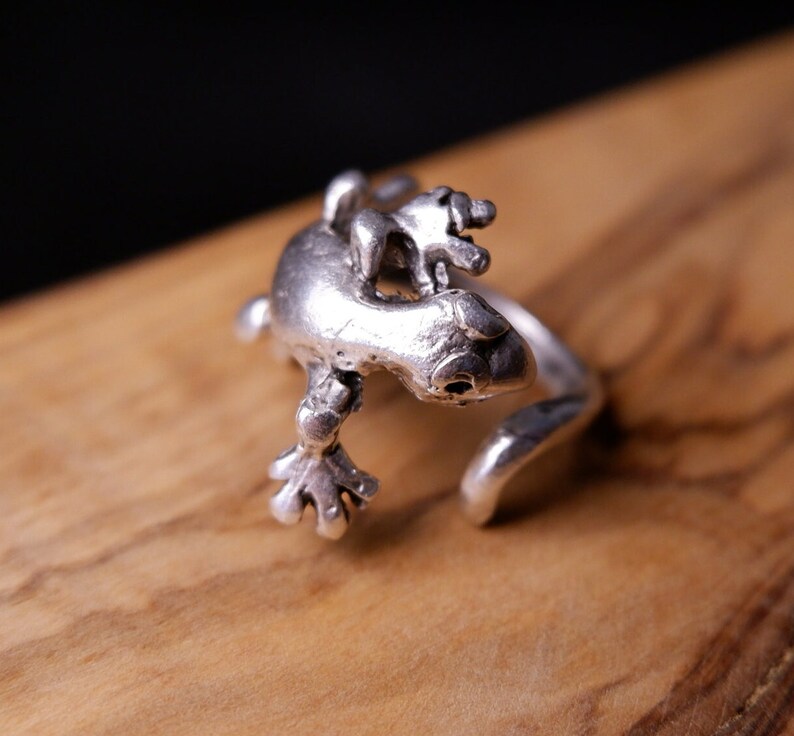 May include: A silver ring with a detailed gecko design. The gecko is curled up with its tail forming the ring band.