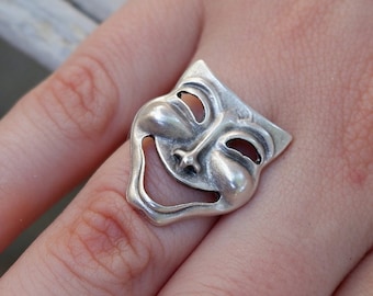 MASK RING - Face Ring • Unique Ring • Statement Ring • Chunky Ring • Theater Ring •  Handmade Ring •  Silver Plated Ring • Adjustable •QD211