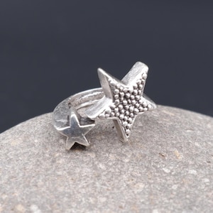 May include: A silver-colored ring featuring two star designs. One star is larger with a textured surface, and the other is smaller and smooth. The ring is set against a gray stone background.