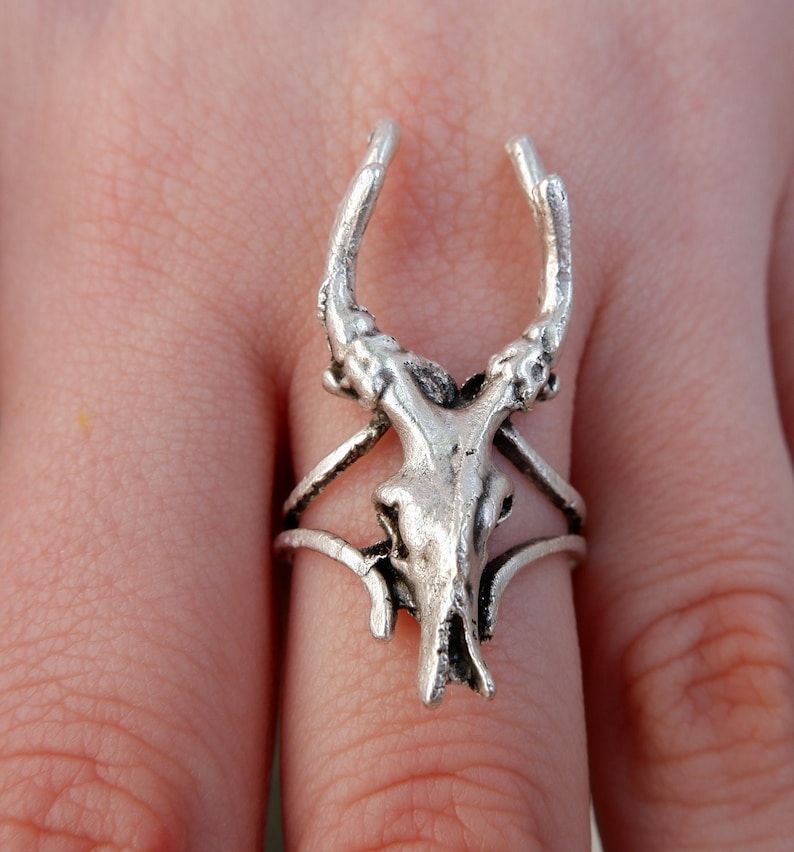 May include: A silver ring featuring a detailed skull with antlers. The ring is designed to fit on the middle finger.