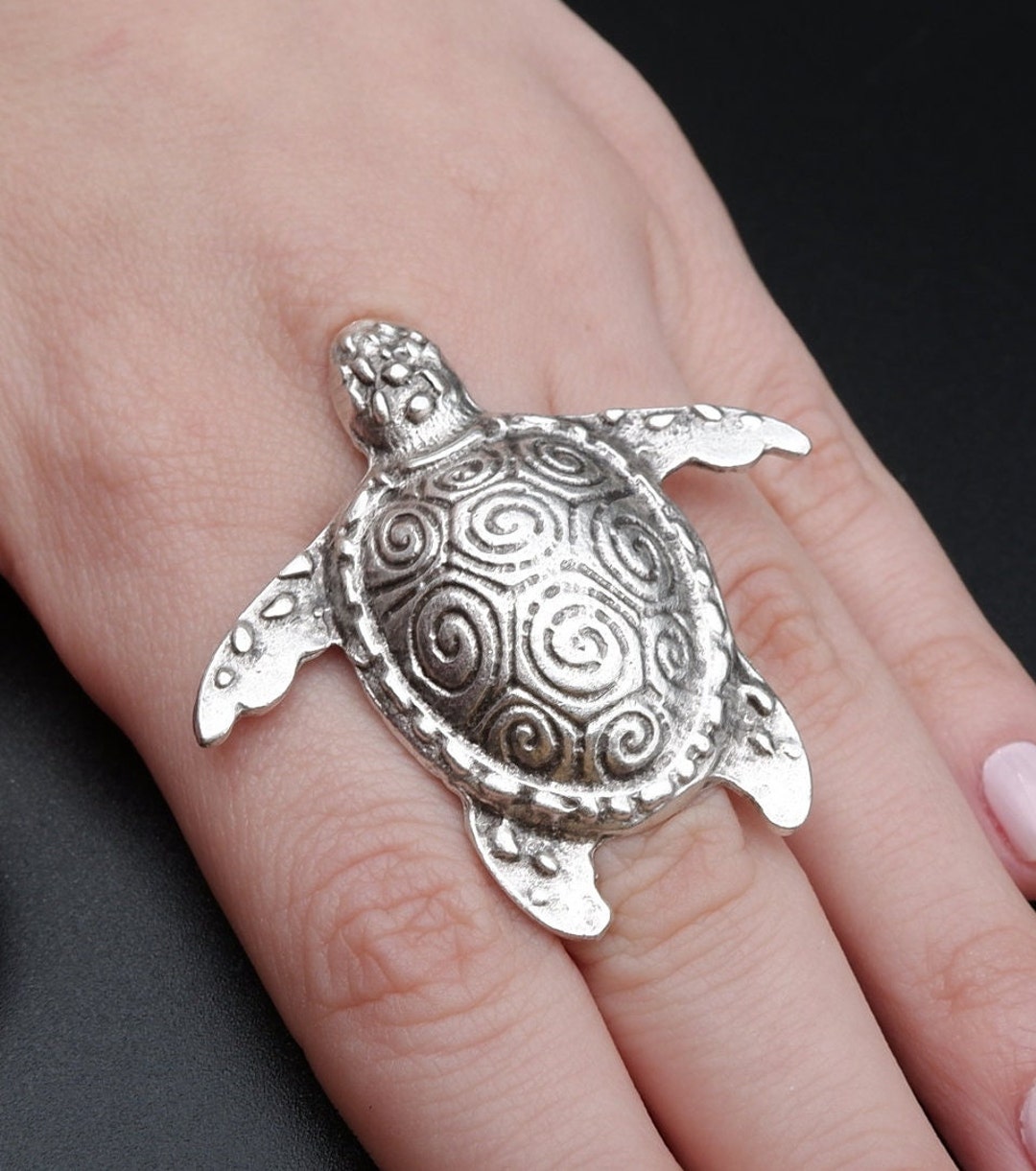 Sterling Silver Plated Turtle Ring: Adjustable Animal Statement Ring - Etsy