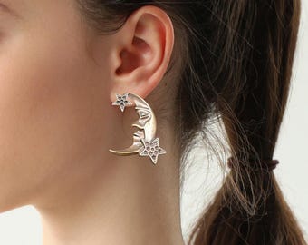 Copper Moon Star Earrings: Antique Silver Plated Boho Hoops