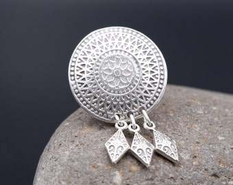 Engraved Dangle Charm Ring: Silver Plated Boho Statement Ring