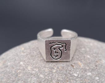 Bague visage de femme antique en plaqué argent - Bague tendance réglable