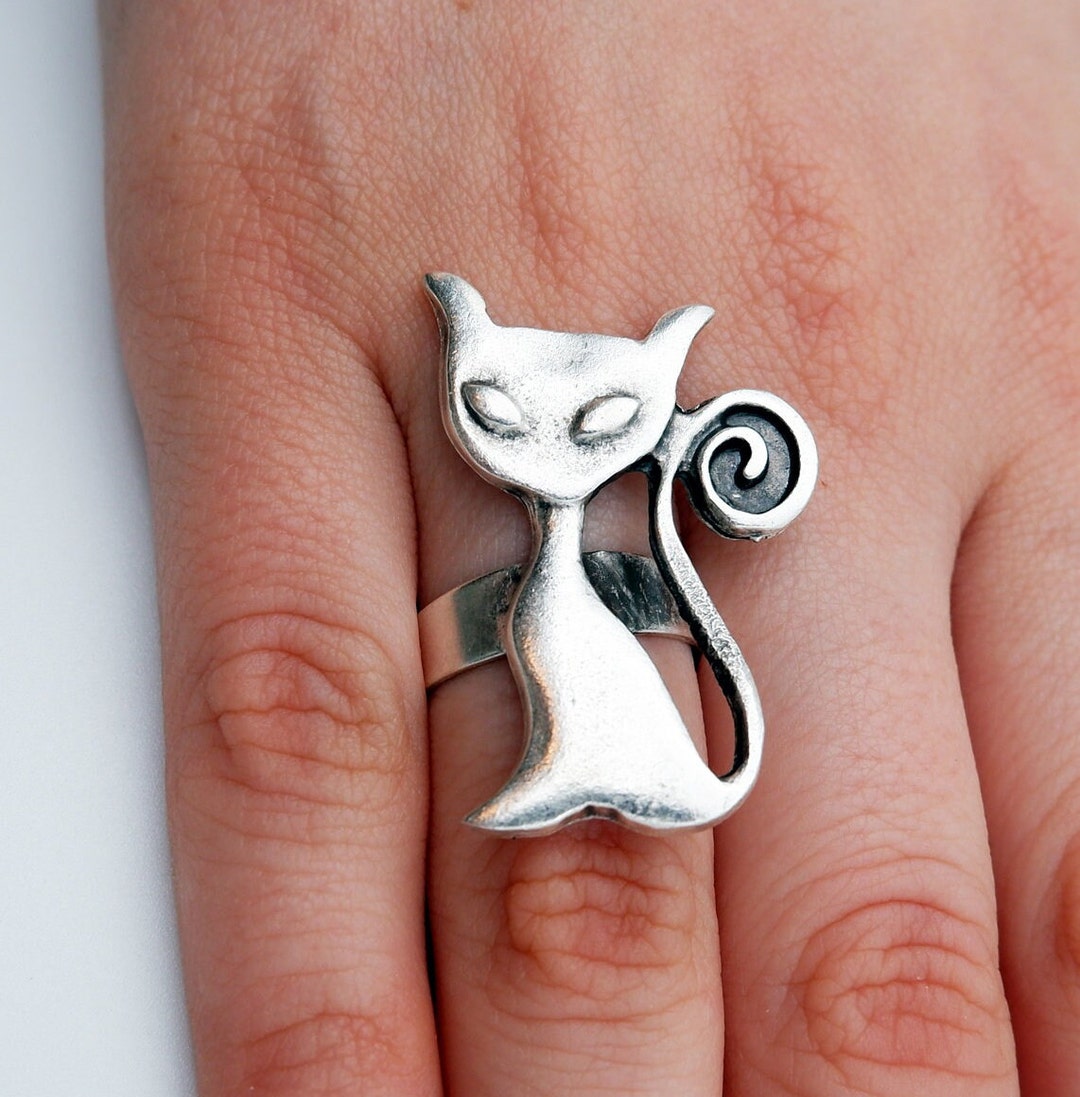 Sterling Silver Plated Cat Ring: Adjustable Animal Jewelry - Etsy
