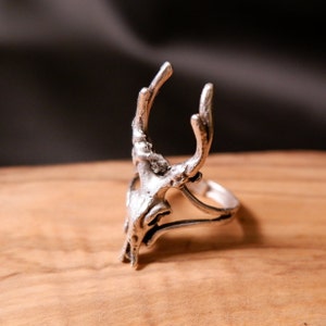 May include: A silver ring with a deer skull design. The ring is open and adjustable.