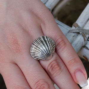 Sterling Silver Plated Shell Ring: Adjustable Antique Finish