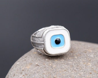 Handmade Evil Eye Ring: Adjustable Sterling Silver Plated Brass