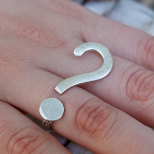 May include: A silver question mark ring with a round band. The ring is worn on a finger.