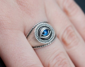Anel de olho grego de vidro azul banhado a prata esterlina - Anel boho ajustável