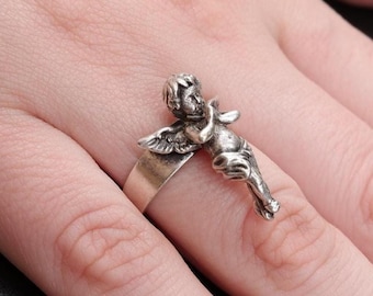 Baroque Angel Cherub Ring: Sterling Silver Plated Adjustable Statement Ring