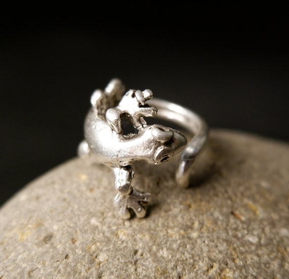 Oxidized Sterling Silver Plated Lizard Ring: Adjustable Reptile Wrap