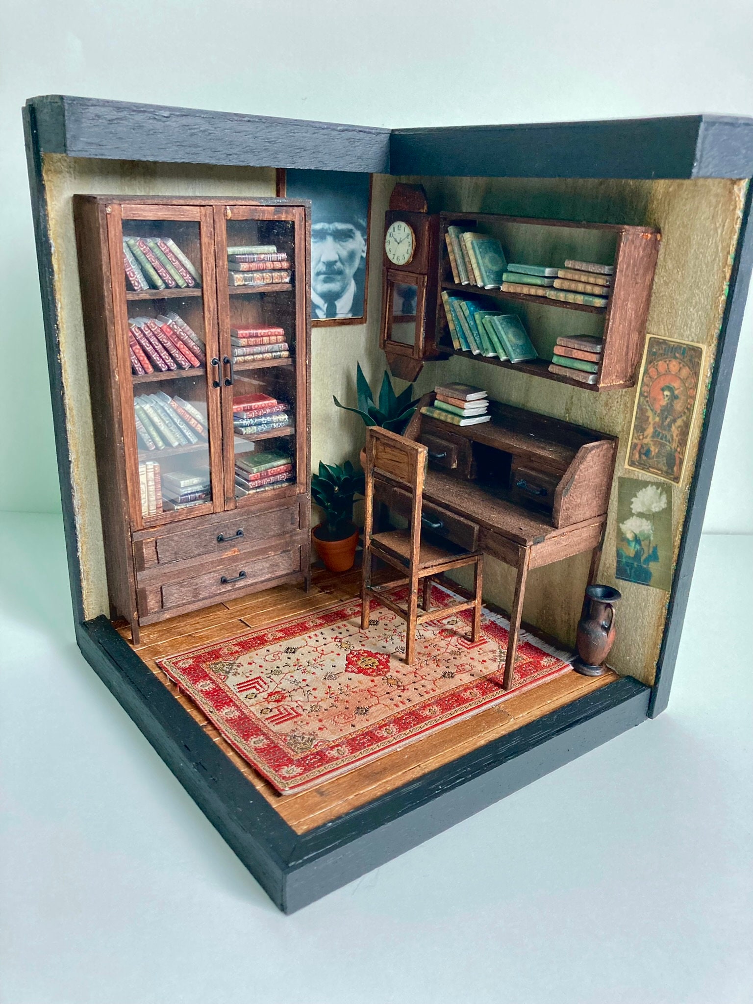 Dollhouse Micro Miniature Wooden Bookcase With Sliding Acrylic Glass Panel  fits 1:6 Scale Books and Smaller 