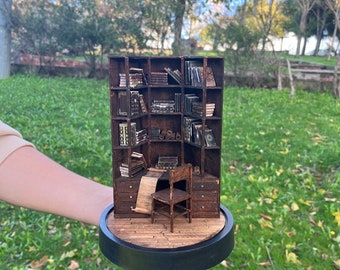 Handcrafted Miniature Bookshelf in Glass Terrarium - Unique Book Lover’s Decor