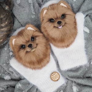 POMERANIAN MITTENS, Designer Gloves with Spitz, Felt Animal,Winter Accessories for Women